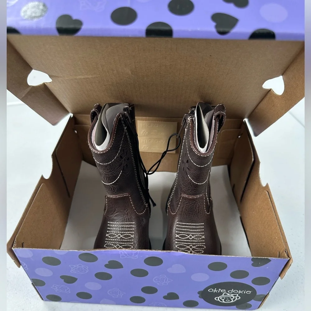 NIB Okie Dokie Isabella Brown Cowboy Boots Western Zip Pink Floral Cutout 5 M